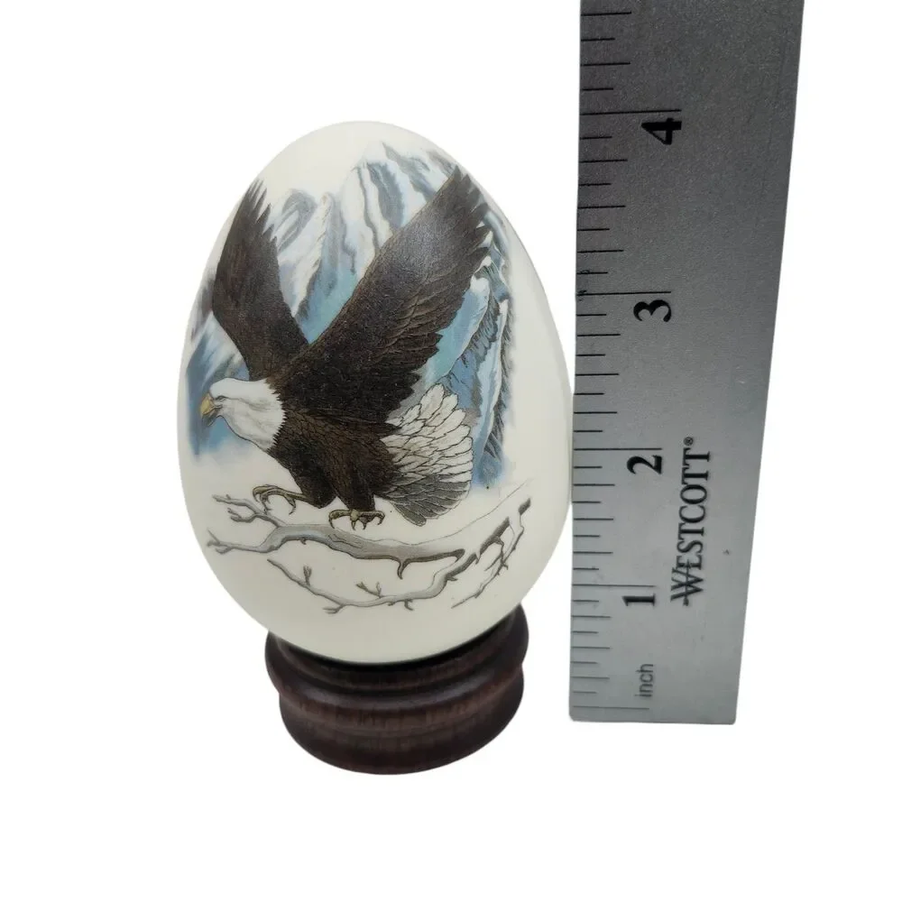 Eggzakly Collectors Egg Porcelain with Wood Stand Handmade Bald Eagle Soaring